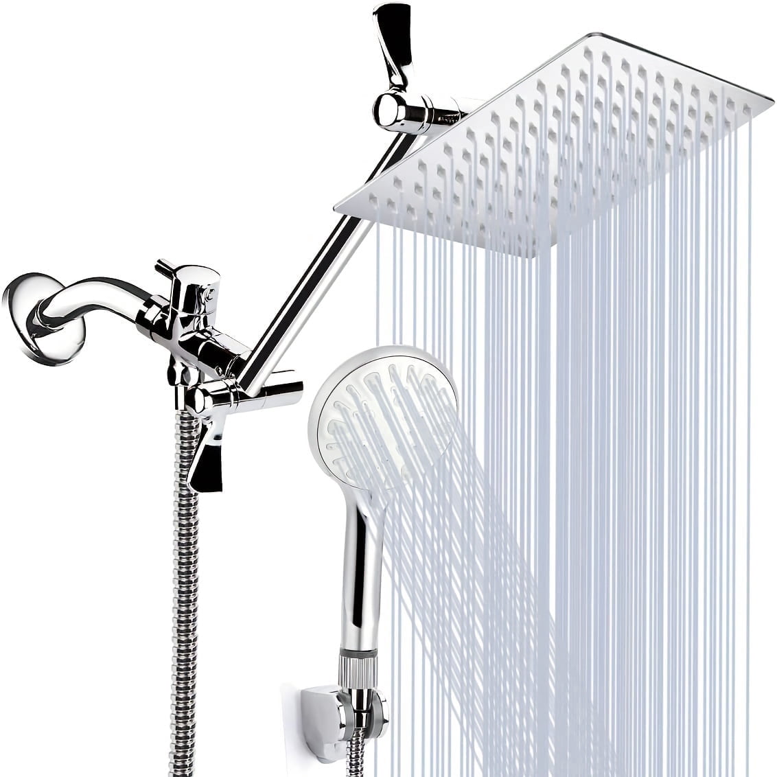 Shower Head with Hose, 8'' High Pressure Rain Shower Head, Handheld Shower Head Combo with 11'' Extension Arm, 9 Spray Settings Adjustable Shower Head with Holder, Height/Angle Adjustable, Chrome