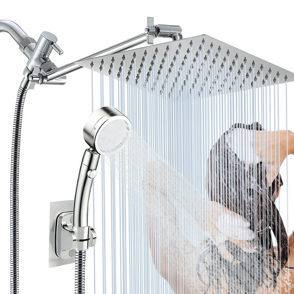 Shower Head, Rain Shower Head with Handheld Spray Combo, 8 Inch Adjustable High Pressure Rainfall Shower Head, Dual Showerhead Set with Extension Arm and 60 Inch Long Shower Hose (Silver)