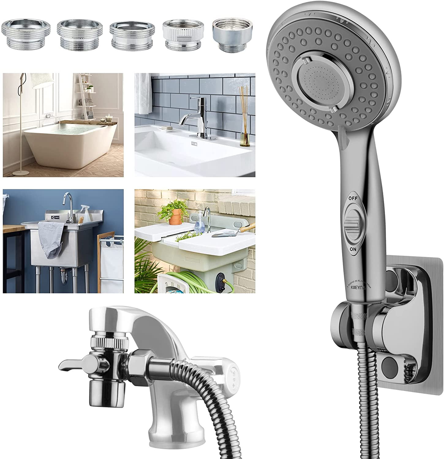 Shower Head Sink-Faucet Bathtub-Bathroom-Garden - Hose Sprayer Attachment(5 Adapters) for Hair Washing & Pet Dog Rinse & Baby Bath, ON/OFF Extension for Moen, Kohler, Delta, American Standard