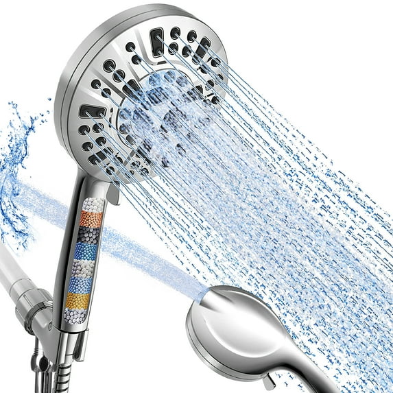 Filtered Shower Head,10 Modes Detachable Shower Head with Handheld, High Pressure Showerhead with 60" Stainless Steel Hose&Adjustable Holder, Built-in 2 Mode Power Wash to Clean Pets,Tile&Tub, Silver