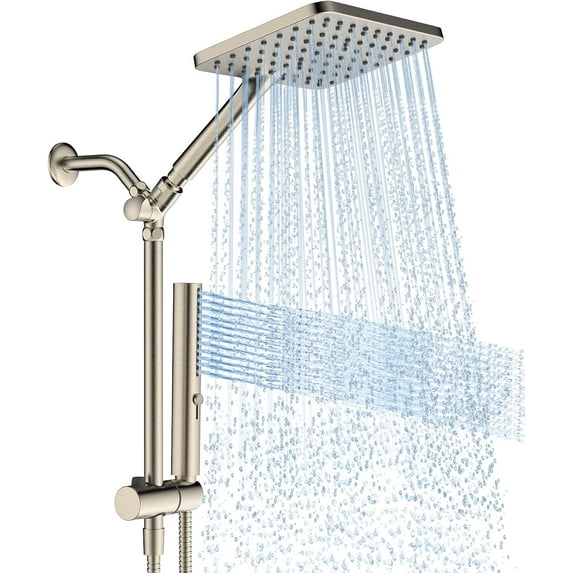 Shower Heads with Handheld Combo Brushed Nickel, 10 Inch High Rain/Rainfall Shower , Height Adjustable Dual 2 in 1 Shower System with Stainless Hose