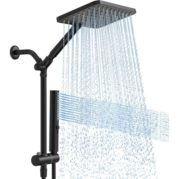 Shower Heads with Handheld Combo 10 Inch High Prure Rain Shower Head Height Adjustable Dual 2 in 1 Shower Head System with Stainl Steel Hose Matte Black
