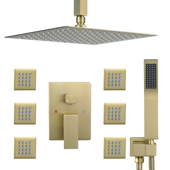 Shower Jets Rain Shower System with 12'' Ceiling Shower & Hand Shower, Brushed Gold Overhead Full Body Shower System with Body Shower Spray Jets Rain Shower Set