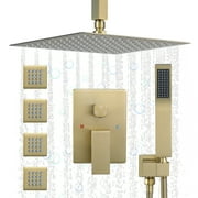 Shower Jets Rain Shower System with 12'' Ceiling Shower & Hand Shower, Overhead Full Body Shower System with Body Spray Jets Brushed Gold Rain Shower Set