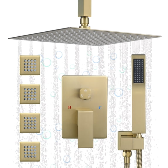 Shower Jets Rain Shower System with 12'' Ceiling Shower & Hand Shower, Overhead Full Body Shower System with Body Spray Jets Brushed Gold Rain Shower Set