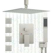 Shower Jets Rain Shower System with 12'' Ceiling Shower & Hand Shower, Overhead Full Body Shower System with Body Spray Jets Brushed Nickel Rain Shower Set