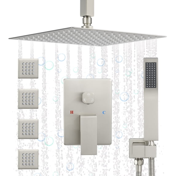 Shower Jets Rain Shower System with 12'' Ceiling Shower & Hand Shower, Overhead Full Body Shower System with Body Spray Jets Brushed Nickel Rain Shower Set