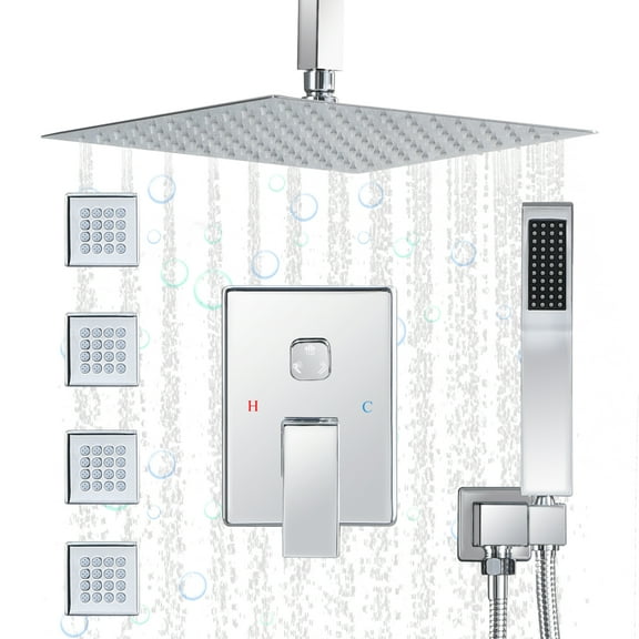 Shower Jets Rain Shower System with 12'' Ceiling Shower & Hand Shower, Overhead Full Body Shower System with Body Spray Jets Chrome Rain Shower Set