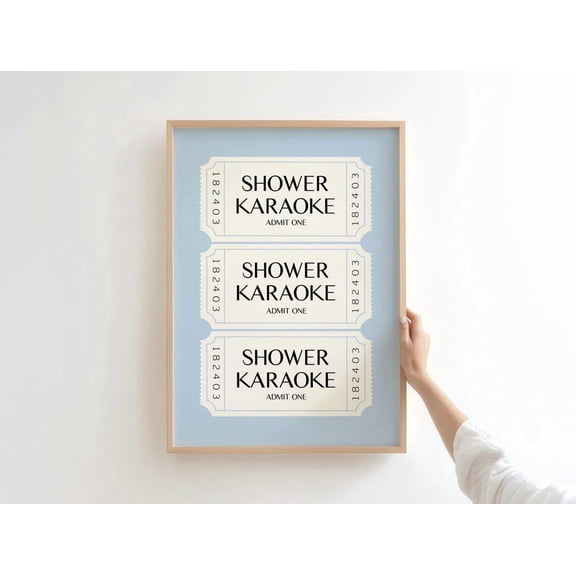 Shower Karaoke Bathroom Wall Art Printable Blue Decor Sign Minimal Ticket Style Print Unframed Paper Print