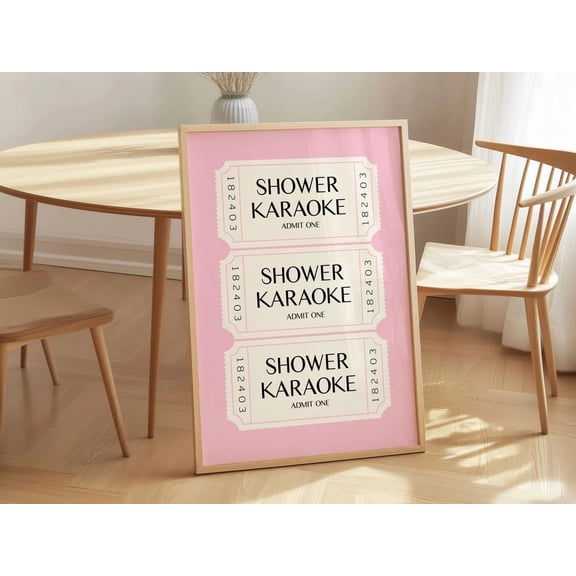 Shower Karaoke Bathroom Wall Art Printable Pink Decor Sign Minimal Ticket Style Unframed Paper Print