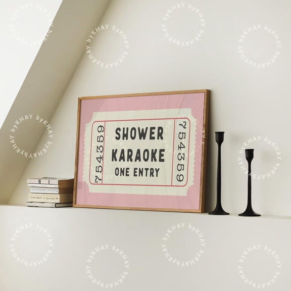 Shower Karaoke Ticket Horizontal Print Bathroom Retro Pink Cream Aesthetic Singing Wall Art Vintage Trendy Home Decor