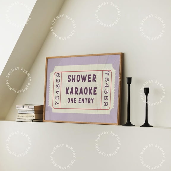 Shower Karaoke Ticket Horizontal Print Bathroom Retro Purple Aesthetic Singing Wall Art Vintage Trendy Home Decor
