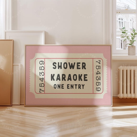 Shower Karaoke Ticket Horizontal Print Pink Bathroom Retro Aesthetic Shower Singing Wall Art Vintage Trendy Home Decor Print