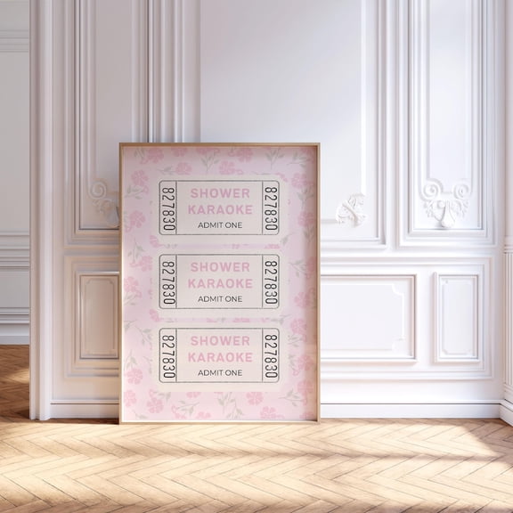Shower Karaoke Ticket Print, Pink Flowers Bathroom Poster, Dorm Room Decor, Apartment Aesthetic, Shower Singing Quirky Wall Art,, Unframed Poster Size 16x24