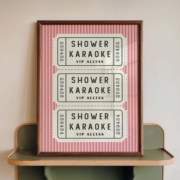 Shower Karaoke VIP Access Ticket Print, Pink Stripe Bathroom Art, Poster Only