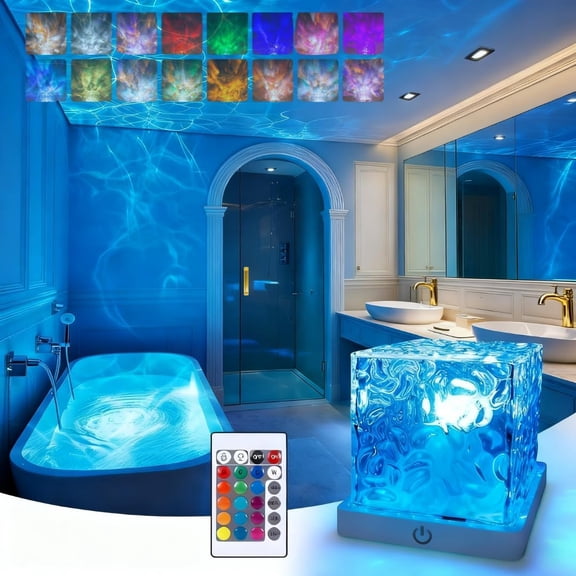 Shower Lamp - Rechargeable 16 Color Ocean Wave Projector, Dimmable Shower Light for Inside Shower with Remote, Bathroom/Bedroom Decor
