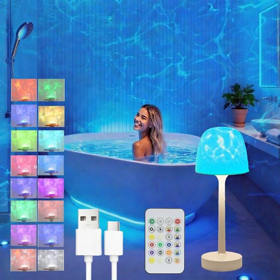 Shower Lamp , Rechargeable Inside Bathroom Shower Light 16 Color Wave Projector with Remote, 3 Color Temperature, Dimmable Table Lamp for Bathtub Bedroom, Room Parties