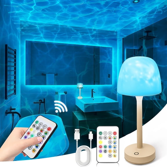 Shower Lamp,Table Lamp,Waterproof Bathroom Lamp with 16 Color Ocean Wave Projector, Rechargeable Shower Light with Touch & Remote Control,Cordless Light for Inside Shower/Bathtub,Bedroom
