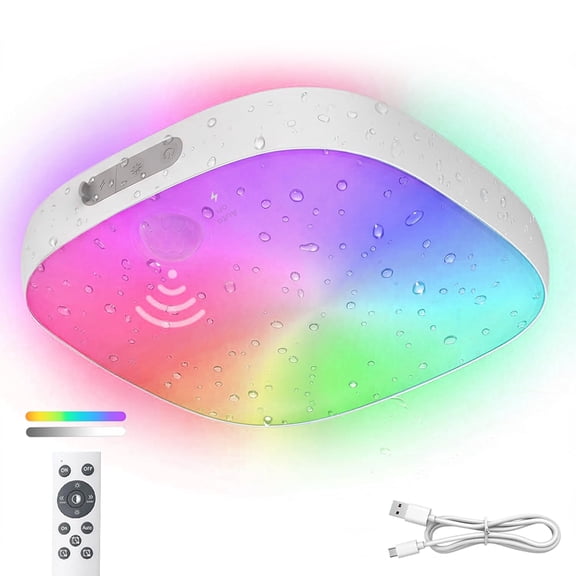 Shower Light Waterproof, Motion Sensor Ceiling Light, Rechargeable Ceiling Lights with Remote Control, 18 Colors with Timer for Bathroom Hallway Stair Walk-in Closet