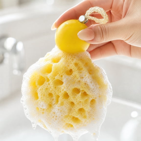 Shower Loofah, Hanging Bath Sponge, Quick Dry Bath Sponge, Cleansing Loofah, 4X2X2 in Yellow Porous Body Scrubber, Secure Loofah on A String Design That Stays Intact Through