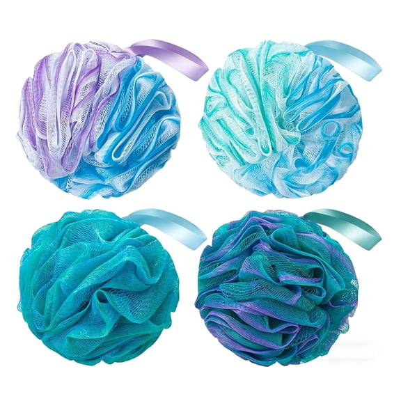 Shower Loofah Sponge Pouf 4 Pack 75g/PCS, Soft Mesh Pouf Shower Scrunchie for Easy Foaming Body Scrubber Exfoliator,Men Women Bath,Scrubbers Cleaning Bathing Accessories