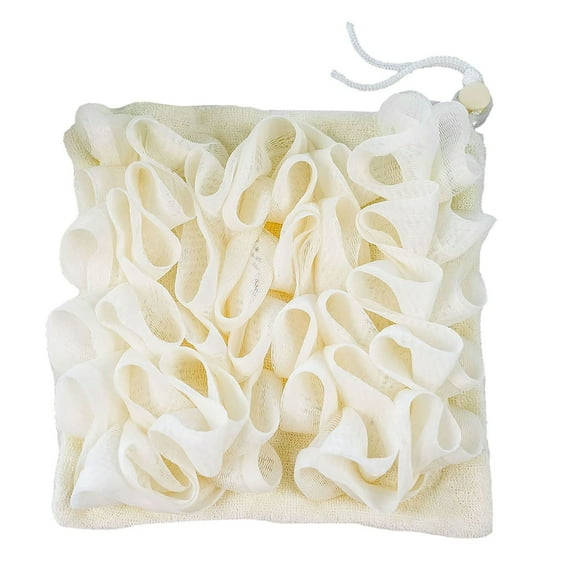 Shower Loofah with Soap Holder - Natural Fiber, Drawstring, Bubble Maker, for Body Scrubbing, Easy to Hang