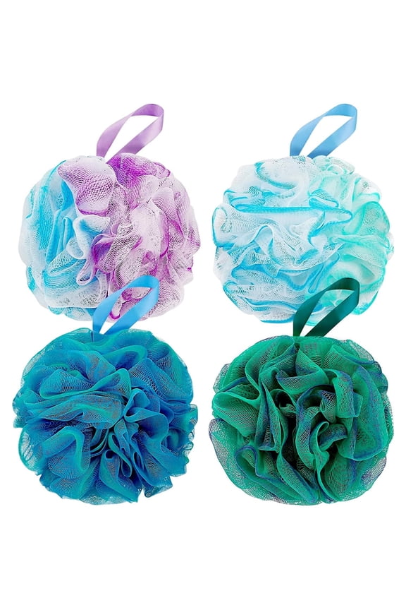 Shower Loofahs Bath Sponge, Casewin 75g/PCS Extra Large Shower Puff, Soft Mesh Pouf Shower Scrunchie for Easy Foaming Body Scrubber Exfoliator, Set of 4, Flower Color