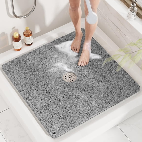 Shower Mat, 27x27 Inch Square Non Slip , Soft PVC Loofah Bath Mat for Tub with Hanging Holes, Quick Drying Shower Floor Mat, Without Suction Cups, Grey