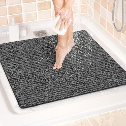 Shower Mat Bathtub Mat,24x24 inch, Non-Slip Bath Mat with Drain, Quick Drying PVC Loofah Bathmat for Tub,Shower,Bathroom (Phthalate Free,Black)