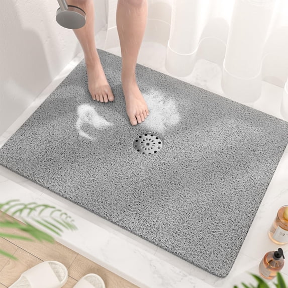 Shower Mat With Center Drain Hole 32 X 24 Inch Non Slip Bath For Textured Tub Soft Loofah-style Bathtub Without Suction Cup Quick Drying Stall Floor Bathroom Accessories Grey