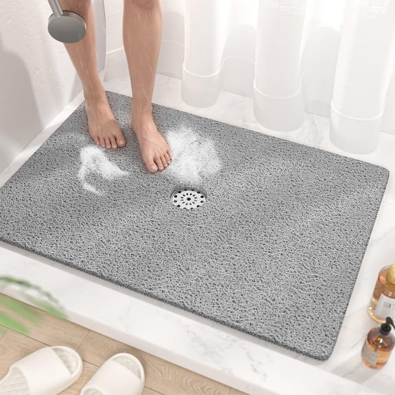 Shower Mat with Center Drain Hole, 35 x 24 Inch Non Slip Bath Mat for Textured Tub, Soft Loofah-Style Bathtub Mat Without Suction Cup, Quick Drying Stall Floor Mat, Bathroom Accessories, Grey