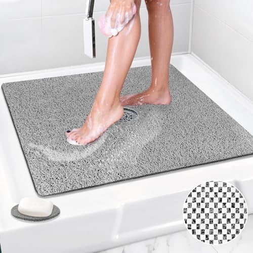 Shower Mat Non Slip: 31x31 Inch Extra Large Square Shower Mats with Drain Hole in Middle - Soft Loofah Quick Drying Matt for Shower Stall