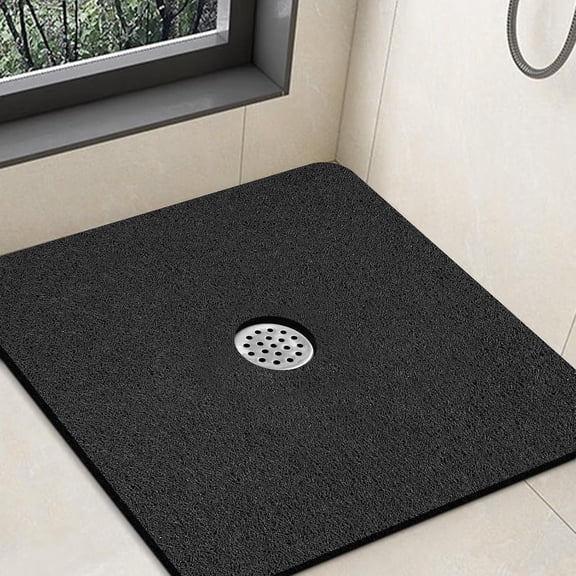 Shower Mat Non Slip,32 x 32 Inch Extra Large Square Shower Mat with Drain Hole in Middle,Soft Loofah Bath Mat Shower Stall Bathtub Mat for Inside Shower Bathroom,Without Suction Cups (Black)