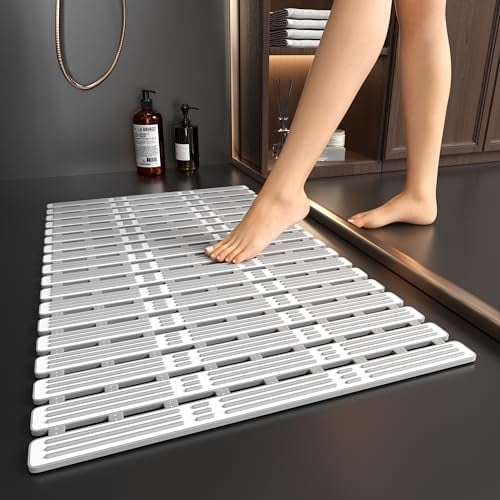 Shower Mat Non Slip Bath Mat for Tub - 27 X 16 Inch TPE Bathtub Mat Non Slip Shower Mats for Inside Shower, Bath Tub Mat with Powerful Suction Cup, Easy to Cut and Dry, Grey