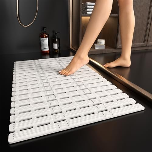 Shower Mat Non Slip Bath Mat for Tub - 27 X 16 Inch TPE Bathtub Mat Non Slip Shower Mats for Inside Shower, Bath Tub Mat with Powerful Suction Cup, Easy to Cut and Dry, White