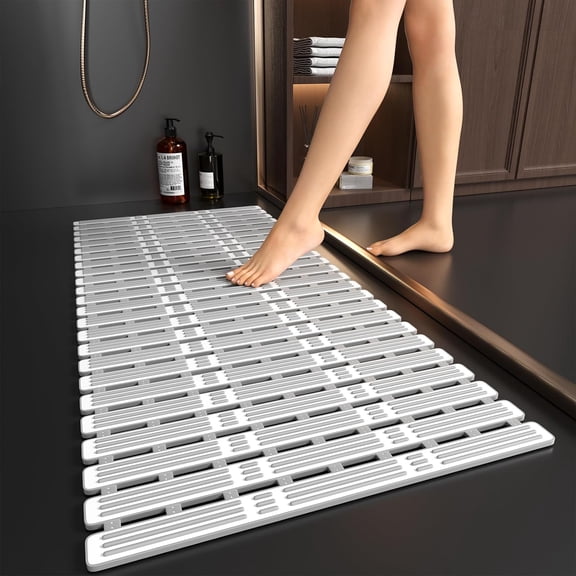 Shower Mat Non Slip Bath Mat for Tub - 36 x 16 Inch Bathtub Mat Non Slip Shower Mat for Inside Shower, TPE Bath Mat with Powerful Suction Cup, Easy to Cut Bath Tub Mat, Grey