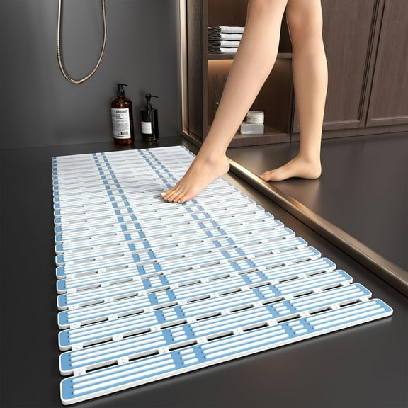 Shower Mat Non Slip Bathtub Mat - 36 x 16 Inch Anti Slip Bath Mat for Tub & Shower, TPE+PP Soft Slatted Shower Floor Mat with Suction Cups and Drain Holes, Machine Washable, Easy to Cut, Blue