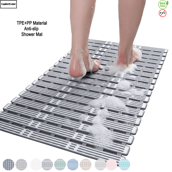 Shower Mat Non Slip Bathtub Mat - 36 x 16 Inch TPE+PP Soft Anti Slip Bath Mat for Tub, Slatted Shower Floor Mat with Powerful Suction Cups and Drain Holes, Easy to Cut, Machine Washable, 35.4" Grey