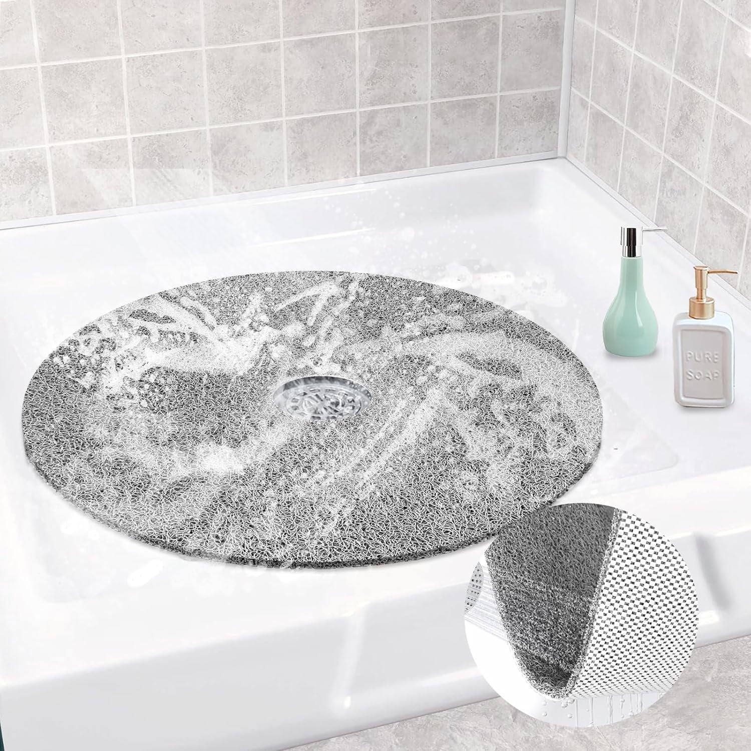 Non-Slip Round Shower Mat – Fast Drying Loofah Mat For Bath Tub, Beige, 24x24 Inches