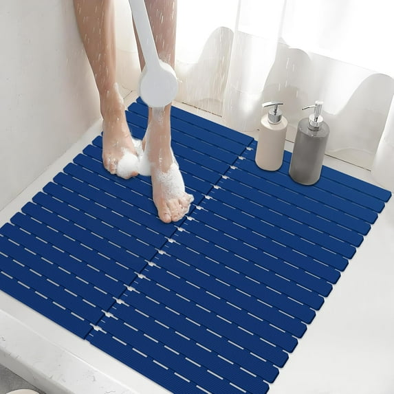Shower Mat Non Slip Square, Anti Slip Bath Mat for Tub, Non-Slip Bathtub Mat with Drain Holes, Bathroom Mat Quick Dry, 24 * 24 Inch (Blue)