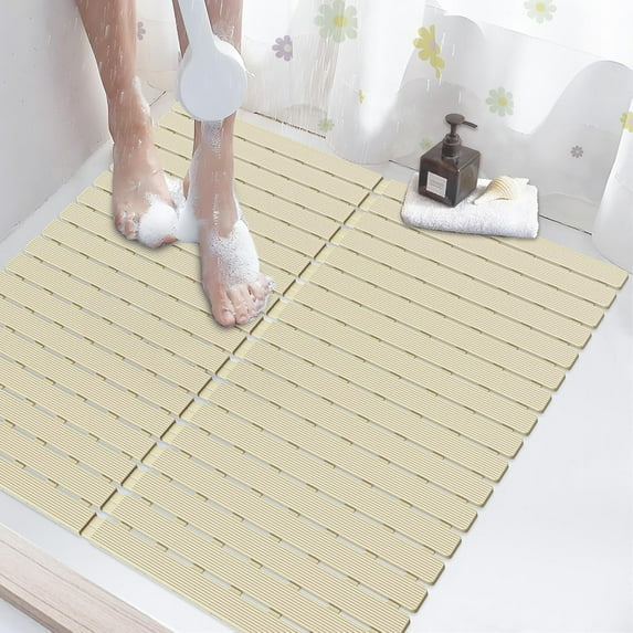 Shower Mat Non Slip Square, Anti Slip Bath Mat for Tub, Non-Slip Bathtub Mat with Drain Holes, Bathroom Mat Quick Dry, 24 * 24 Inch (Light Brown)
