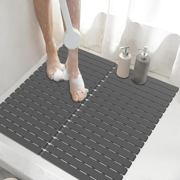 Shower Mat Non Slip Square, Anti Slip Bath Mat for Tub, Non-Slip Bathtub Mat with Drain Holes, Bathroom Mat Quick Dry, 24 * 24 Inch (Light Grey)