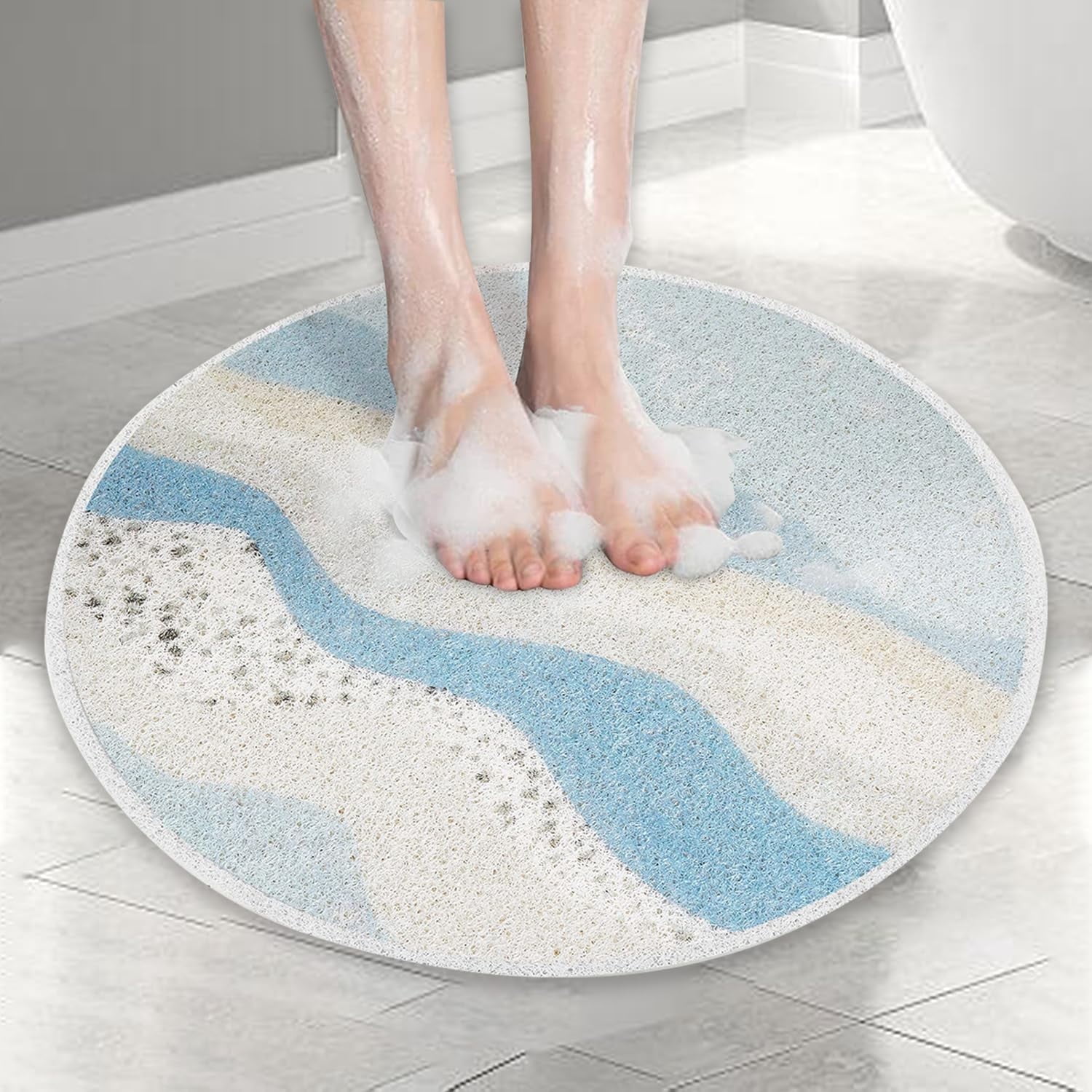 Shower Mat,Safety Comfort Shower Mat Anti Slip with Drain, Machine Washable,Round Bath Mat, 24x24 Inches (Light Blue)