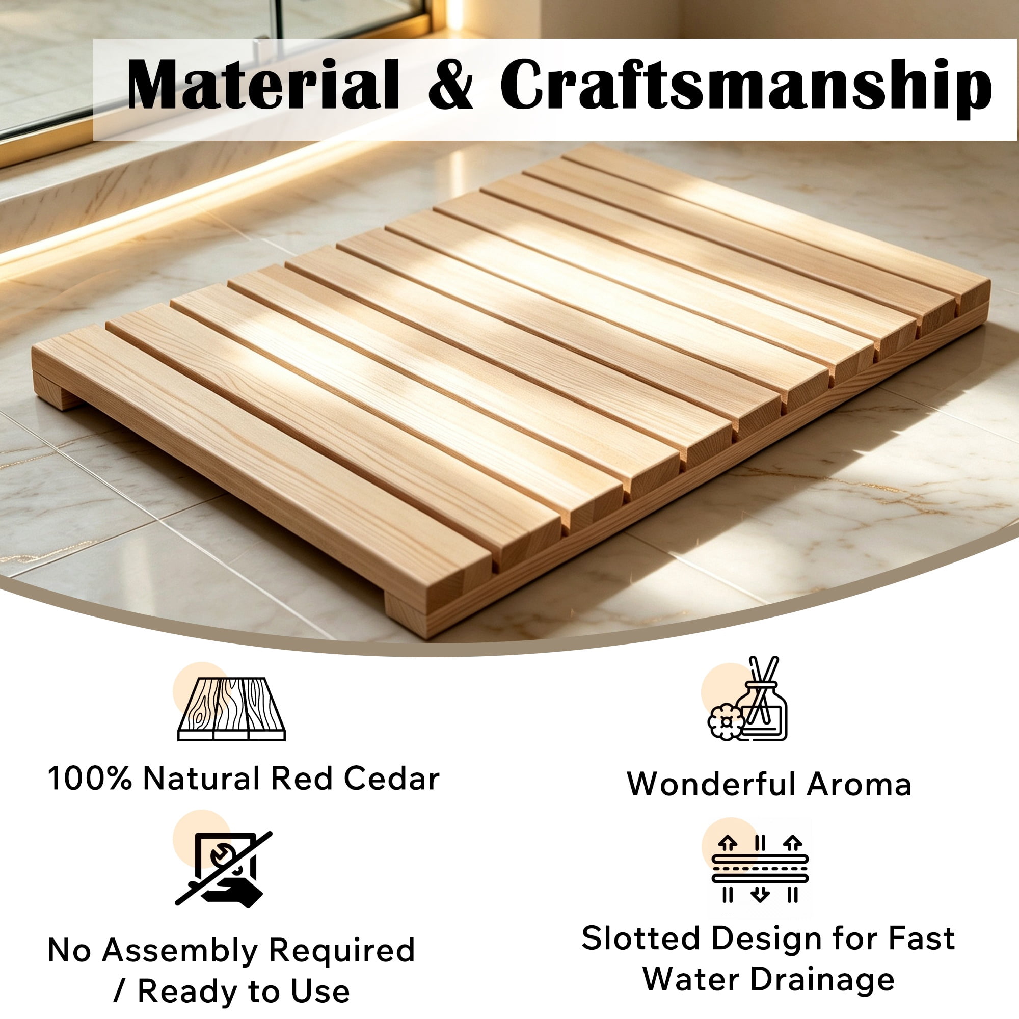 Shower Mat with Non-Slip Slatted Design and Rubber Feet, Wooden Cedar Bath Floor Pad for Bathtub Spa Sauna Garden, 24x16 Inch, Natural