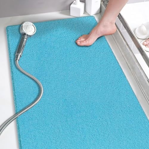 Shower Mats Non Slip Without Suction Cups, PVC Loofah Bathroom Mats, Loofah Mats for Shower and Bathroom, Quick Drying, 15.7× 36 Inch, Turquoise Blue