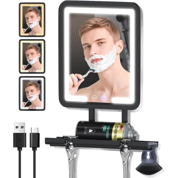 Shower Mirror Fogless for Shaving 7x9in Heated Anti Fog Mirror 3 Color Dimmable Lighted Mirror with Storage Tray Razor Holders 360? Rotatable Black Fog Bathroom Mirror for Men