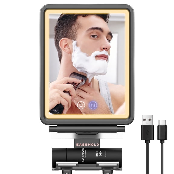 Shower Mirror Fogless for Shaving, Heated LED Mirror with 3 Color Lights, Adjustable Anti Fog Razor Holder and Storage Tray, 5000mAh Rechargeable Light Up Mirror Bathroom for Men