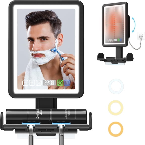Shower Mirror Fogless for Shaving, LED Heated Rechargeable Fogless Mirror for Shower with Digital Clock & Storage Tray, 3 Color Lighting, Dimmable Touch Screen, Anti-Fog Shaving Mirror for Shower