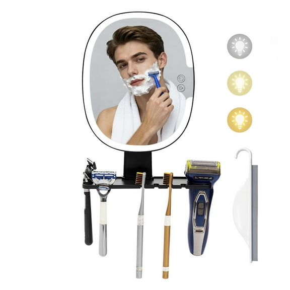 Behome Shower Mirror with LED Light, 3 Color Modes & Stepless Adjustable Brightness, Rechargeable Shaving Mirror with Razor Holder, for Bathroom, Vanity, Bathtub