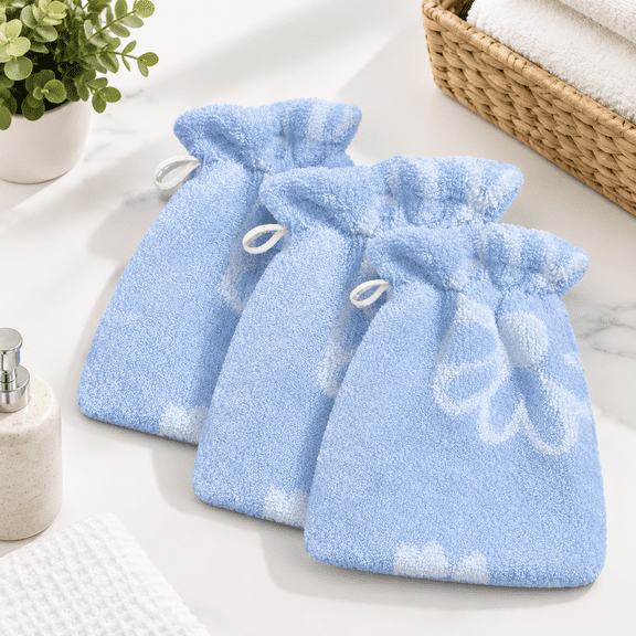 Shower Mitts 3 Pack Blue Printan Style With Loop